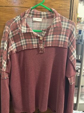 Lovely Melody Dusty Rose Waffle Knit Pullover with Plaid Yoke